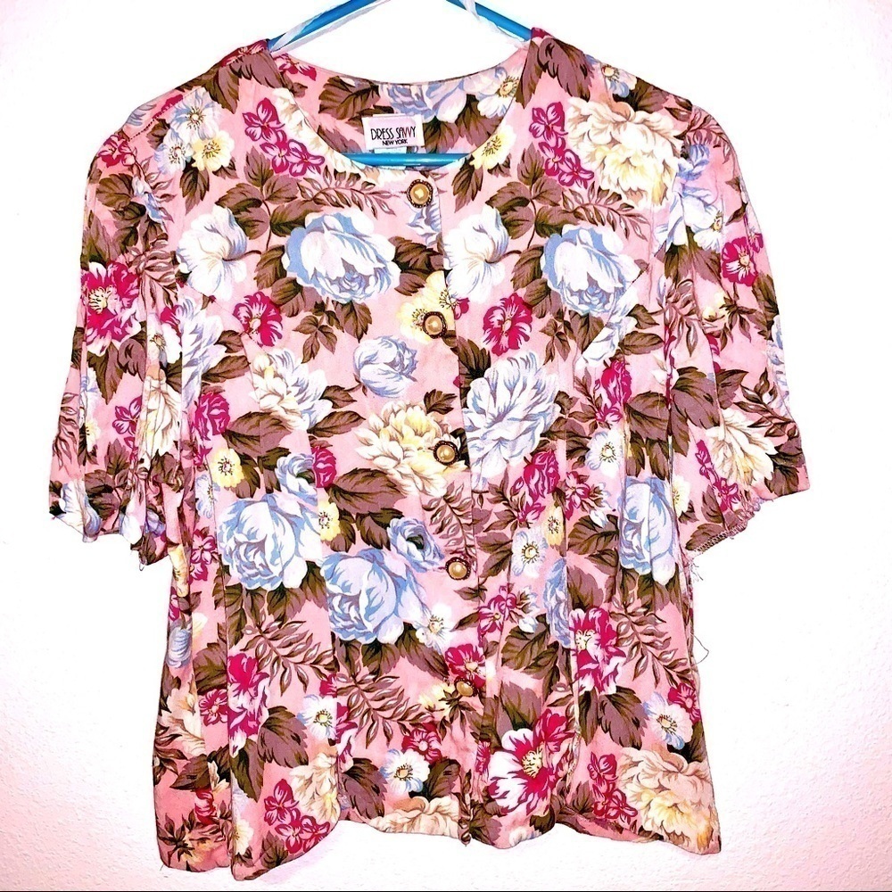 Dress Savvy Pink Floral Blouse Pearl Button Large